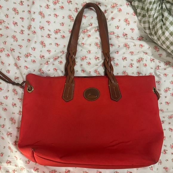 Dooney & Bourke Handbags - ✨ VINTAGE ✨ Dooney & Bourke Red Canvas Tote Bag with Brown Leather Handles